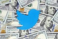 Twitter bird icon printed on paper, cut and placed on money background