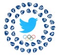 Twitter bird logo with Olympic Games Rings and kinds of sport