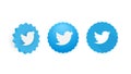 Twitter bird logotype on the blue chip for verified users. Set of 3D vector illustrations.