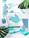 Twitter Icon Geometric Shapes with Glassmorphism Square Glass and Monstera Leaf 3D Render