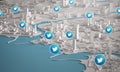 Twitter Icon Over Aerial View of City Buildings 3D Rendering