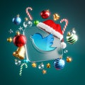 Twitter Logo Glass Square Christmas Ornament Dark Blue Background 3D Render