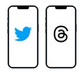 Twitter and Threads mobile services logos in different smart phones iPhone 14 on white background