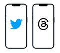 Twitter and Threads mobile services logos in different smart phones iPhone 14 on white background, vector illustration