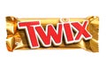 Twix chocolate bar on white background. Twix is a caramel shortbread chocolate bar made by Mars, Inc