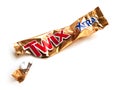 Twix Xtra chocolate bar empty crumpled wrapper isolated on white