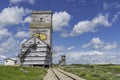 Two abandoned grain elevators in ghost town of Horizon, Saskatchewan, Canada