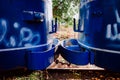 Two abandoned train cars linked by their links Royalty Free Stock Photo