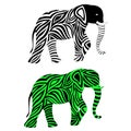 Two abstract elephants, monochrome and colored.