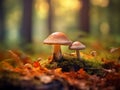 Two abstract mushrooms in colorful autumn forest