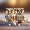 two owl sculptures sitting on top of some pearls with beaded eyes