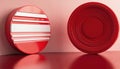 Two abstract red, white circular objects on pink background. One object layered white stripes within red border. Object features Royalty Free Stock Photo