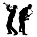 Abstract music vector illustration with a silhouette of two saxophone players in action. The graphics are for jazz and other music Royalty Free Stock Photo