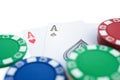Two Ace of pokers beside casino chips with clipping path