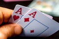 Two Aces Playing Cards in Male Player Hands. Royalty Free Stock Photo