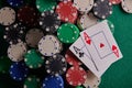 Two aces on the poker table and chips. casino, poker, a pair of aces Royalty Free Stock Photo