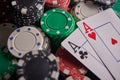 Two aces on the poker table and chips. casino, poker, a pair of aces Royalty Free Stock Photo