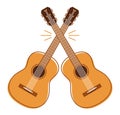 Two acoustic guitars crossed vector emblem for festival or concert or player isolated on white, live music theme, logo for musical