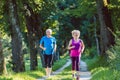 Two active seniors with a healthy lifestyle smiling while jogging Royalty Free Stock Photo