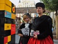 Two actresses pose for photos. Moscow City Day 871st anniversary celebration