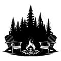 Two adirondack chairs facing a campfire in front of a dense forest silhouette, black and white isolated on transparent background Royalty Free Stock Photo