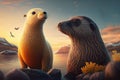 Two adorable animals standing together and watching as the sunrise paints the sky with warm hues