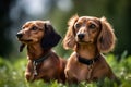 two adorable baby Dachshunds sitting on green grass
