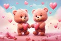 Two adorable bears holding couple, surrounded by floating heart balloons and roses, under a soft blue sky with pink clouds Royalty Free Stock Photo