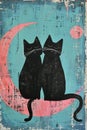 Two adorable black cats sitting on a vibrant pink moon against a stunning blue backdrop