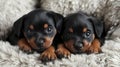 Two adorable black and tan puppies snuggled together Royalty Free Stock Photo