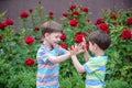 Two adorable brothers kids boys playing outdoors together Royalty Free Stock Photo
