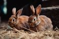 two adorable brown rabbits eat food and sit on dried grass in a rabbit farm. Royalty Free Stock Photo