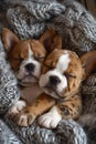 Two adorable bulldog puppies snuggling in a chunky knit blanket. perfect image for coziness and friendship themes. AI