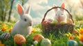 Two adorable bunnies beside a basket filled with colorful Easter eggs nestled in a vibrant spring meadow Royalty Free Stock Photo