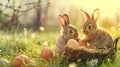 Two adorable bunnies nestled in the soft grass next to a basket of Easter eggs, basking in the gentle sunlight of a tranquil Royalty Free Stock Photo
