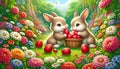 Two adorable bunnies sharing red Easter eggs in a lush garden full of colorful flowers. Royalty Free Stock Photo