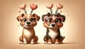 Two adorable cartoon dogs with heart-shaped glasses and spring hearts above their heads.