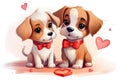 Two Adorable Cartoon Puppies With Red Bows Sharing a Tender Moment