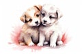 Two Adorable Cartoon Puppies With Red Bows Sharing a Tender Moment