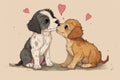 Two Adorable Cartoon Puppies Sharing a Tender Kiss Surrounded by Hearts