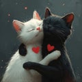 Two adorable cats cuddling and hugging each other tightly