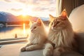 Two adorable cats relaxing near window with beautiful view, pet friendly hotel and resort business concept. Generative AI