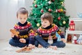 Two adorable children, boy brothers, eating cookies and drinking Royalty Free Stock Photo