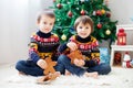 Two adorable children, boy brothers, eating cookies and drinking Royalty Free Stock Photo