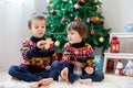 Two adorable children, boy brothers, eating cookies and drinking Royalty Free Stock Photo