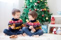 Two adorable children, boy brothers, eating cookies and drinking Royalty Free Stock Photo