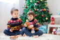 Two adorable children, boy brothers, eating cookies and drinking Royalty Free Stock Photo