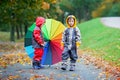 Two adorable children, boy brothers, playing in park with umbrel Royalty Free Stock Photo