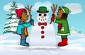 Two adorable children are building a snowman Royalty Free Stock Photo