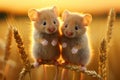 Two adorable and curious little mice happily playing and frolicking in a vibrant wheat field